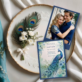 Exquisite Blue & Green Peacock Watercolor Photo  招待状