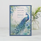 Exquisite Blue & Green Peacock Watercolor Photo  招待状 (スタンド正面)