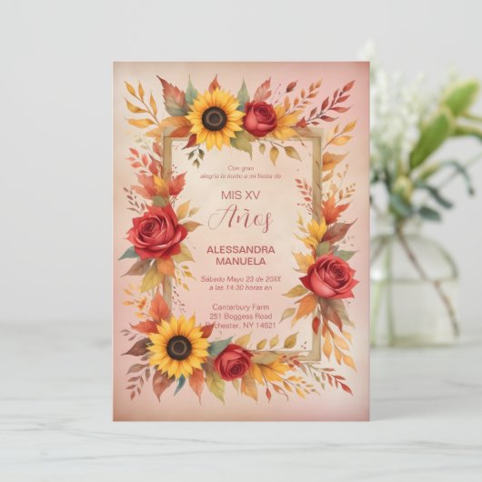 Exquisite Botanical Floral Frame Spanish Photo XVs 招待状 (スタンド正面)