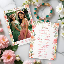 Exquisite Botanical Frame Quinceañera Twins Photo 招待状
