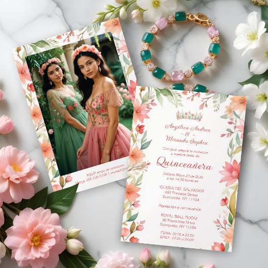 Exquisite Botanical Frame Quinceañera Twins Photo 招待状