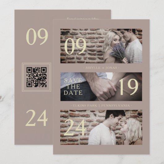 Exquisite Brown Gold Trend Modern 3 Wedding Photos セーブザデート (正面/裏面)