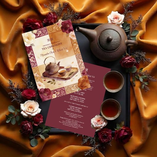 Exquisite Burgundy Oriental Tea Ceremony Wedding 招待状