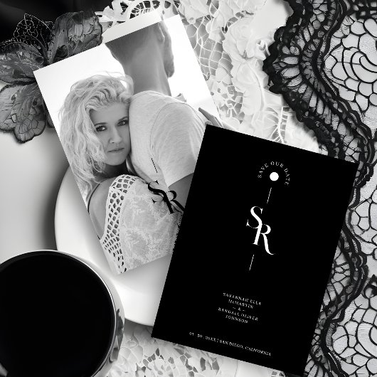 Exquisite Chic Minimalist Black Wedding Initials セーブザデート