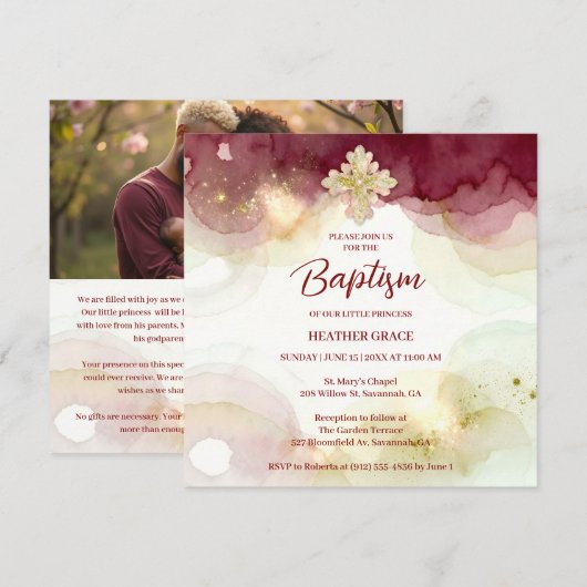 Exquisite Cross Burgundy & Gold Glitter Baptism 招待状 (正面/裏面)