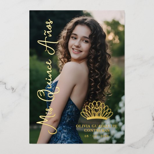 Exquisite Crown Quinceañera Photo Fancy Script 箔招待状 (正面)