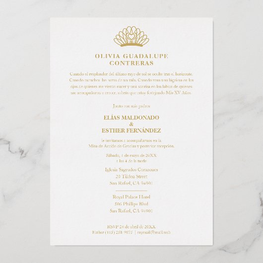 Exquisite Crown Quinceañera Photo Fancy Script 箔招待状 (裏面)