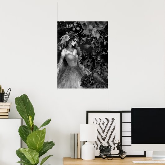 Exquisite Dark Monochromatic Beauty Roses & Raven ポスター (ホームオフィス)