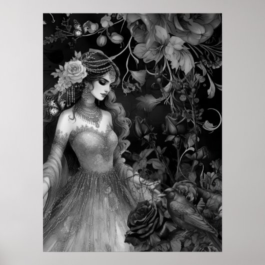 Exquisite Dark Monochromatic Beauty Roses & Raven ポスター (正面)