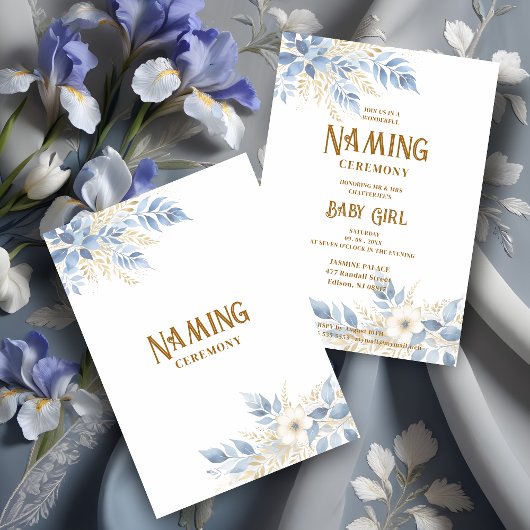 Exquisite Floral Branches in Blue Naming Ceremony 招待状