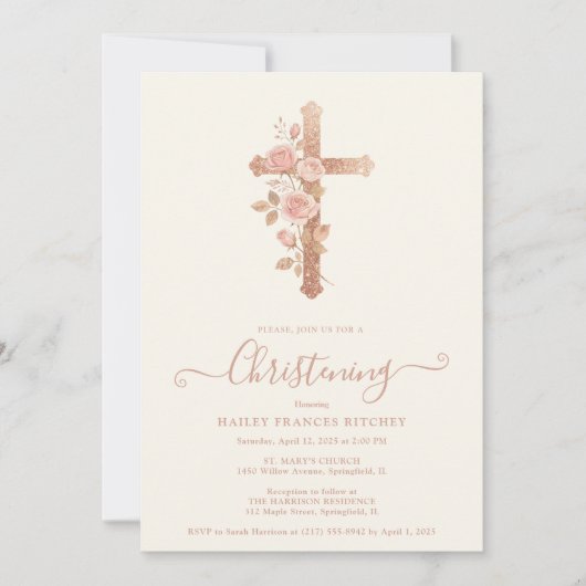 Exquisite Floral Glitter Cross Romantic Rose Gold 招待状 (正面)