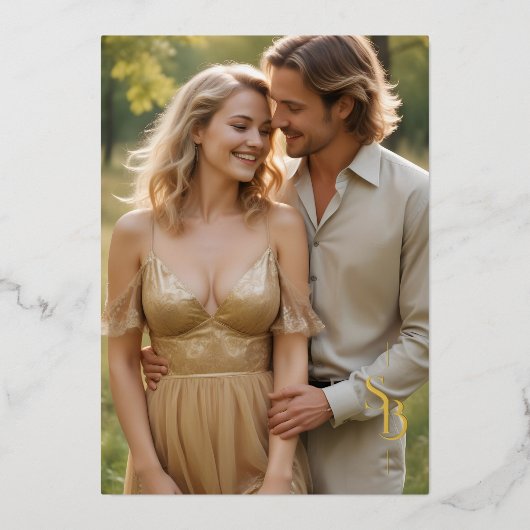 Exquisite Glam Minimalist Gold Wedding Initials 箔招待状 (正面)