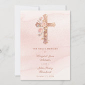 Exquisite Glitter Pink Floral Christian Cross 招待状 (正面)