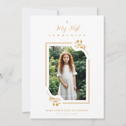 Exquisite Gold Botanical Frame First Communion 招待状 (正面)