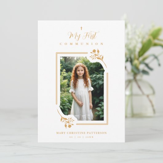 Exquisite Gold Botanical Frame First Communion 招待状 (スタンド正面)