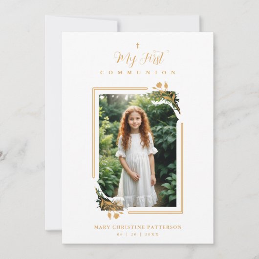 Exquisite Gold Botanical Frame First Communion 招待状 (正面)