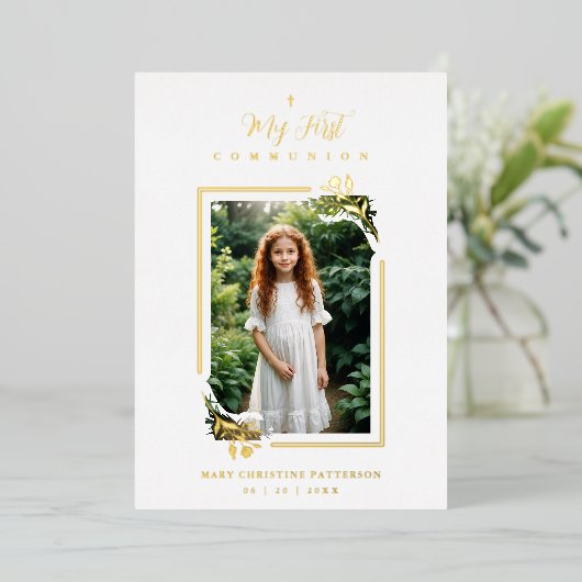 Exquisite Gold Botanical Frame First Communion 箔招待状 (立ち正面)
