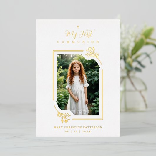 Exquisite Gold Botanical Frame First Communion 箔招待状 (立ち正面)