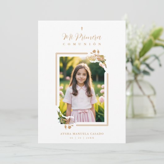 Exquisite Gold Floral Botanical Frame Communion 招待状 (スタンド正面)