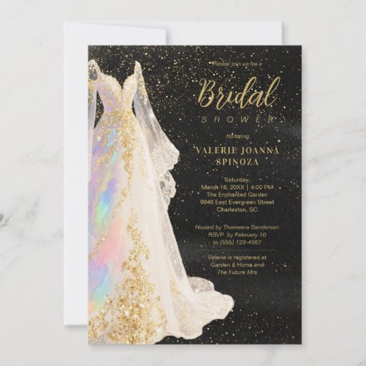 Exquisite Gold Glitter Wedding Dress Bridal Shower 招待状 (正面)