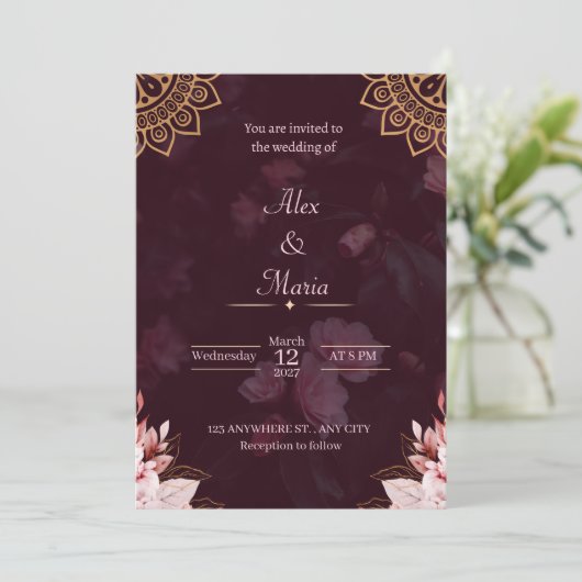 Exquisite Gold Mandala & Moody Floral Wedding Invi 招待状 (スタンド正面)