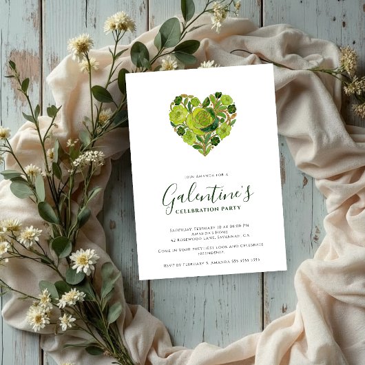 Exquisite Green Floral Heart Galentine's Day 招待状