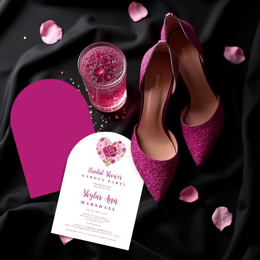 Exquisite Hot Pink Golden Heart Bridal Shower 招待状