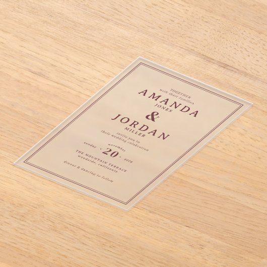 Exquisite Maroon Calligraphy Wedding Invitation アクリル招待状 (レイダウン)