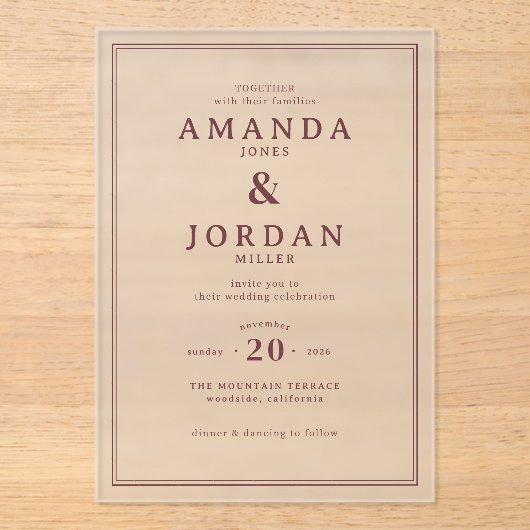 Exquisite Maroon Calligraphy Wedding Invitation アクリル招待状 (正面)