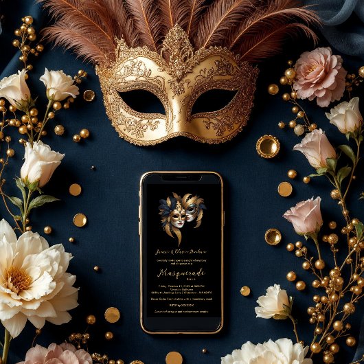 Exquisite Masquerade Masks Gold Effect Accents  招待状