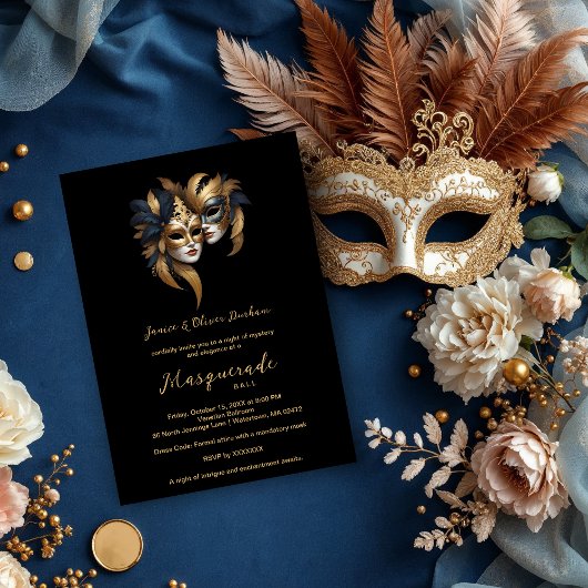 Exquisite Masquerade Masks Gold Effect Accents 招待状