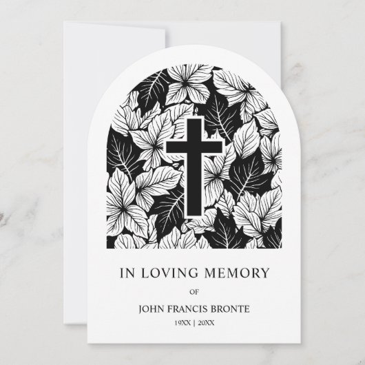 Exquisite Minimalist Black White Botanical Funeral 招待状 (正面)