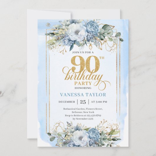 Exquisite pale blue gold style 90th birthday   招待状 (正面)