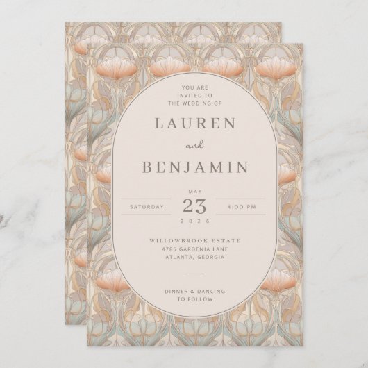 Exquisite Peach Floral Pattern 招待状 (正面/裏面)