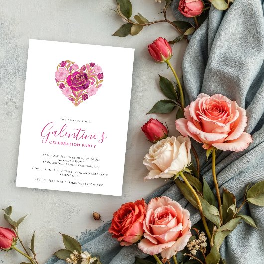 Exquisite Pink Floral Heart Galentine's Day Party 招待状
