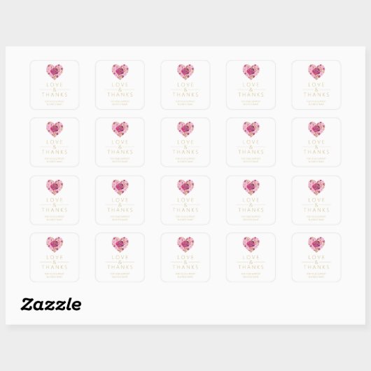 Exquisite Pink Floral Heart Love & Thanks スクエアシール (シート)