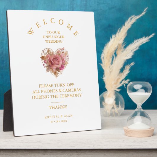 Exquisite Pink Floral Heart Unplugged Wedding フォトプラーク (側面)