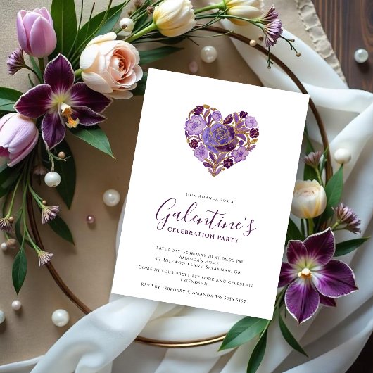 Exquisite Purple Floral Heart Galentine's Day 招待状