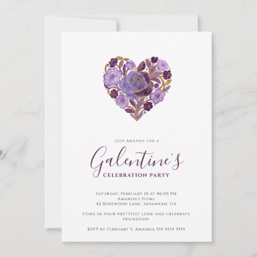 Exquisite Purple Floral Heart Galentine's Day 招待状 (正面)