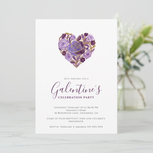 Exquisite Purple Floral Heart Galentine's Day 招待状 (スタンド正面)