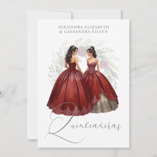 Exquisite Romantic Spanish Quinceañera Dolls Twins 招待状 (正面)