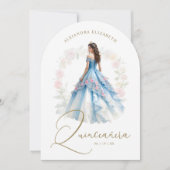 Exquisite Spanish Doll Quinceañera in Blue & Pink 招待状 (正面)
