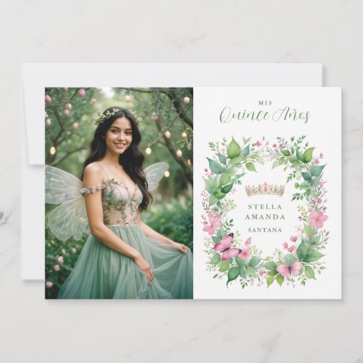 Exquisite Spring Tiara Green & Pink Floral Spanish 招待状 (正面)