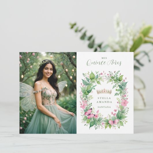 Exquisite Spring Tiara Green & Pink Floral Spanish 招待状 (スタンド正面)