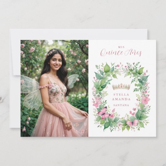 Exquisite Spring Tiara Pink & Green Floral Spanish 招待状 (正面)