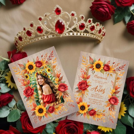 Exquisite Wood Botanical Frame Spanish Photo XVs 招待状