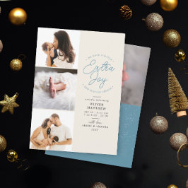 Extra Joy Photo Blue Holiday Birth Announcement シーズンカード