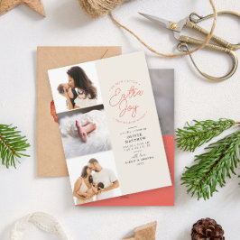 Extra Joy Photo Red Holiday Birth Announcement シーズンカード