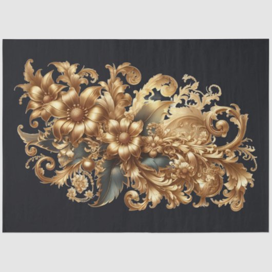 Extra Large Gold on Black Baroque Floral Decoupage 薄葉紙 (正面)