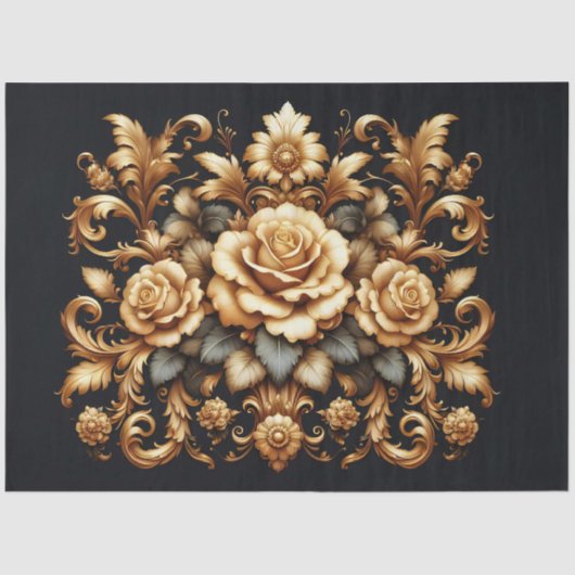 Extra Large Gold on Black Baroque Floral Decoupage 薄葉紙 (正面)